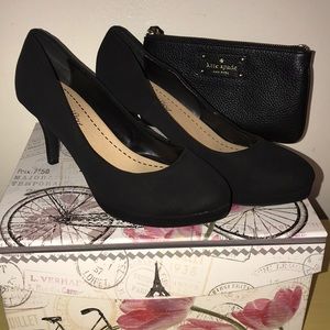 Black suede closed toe high heels